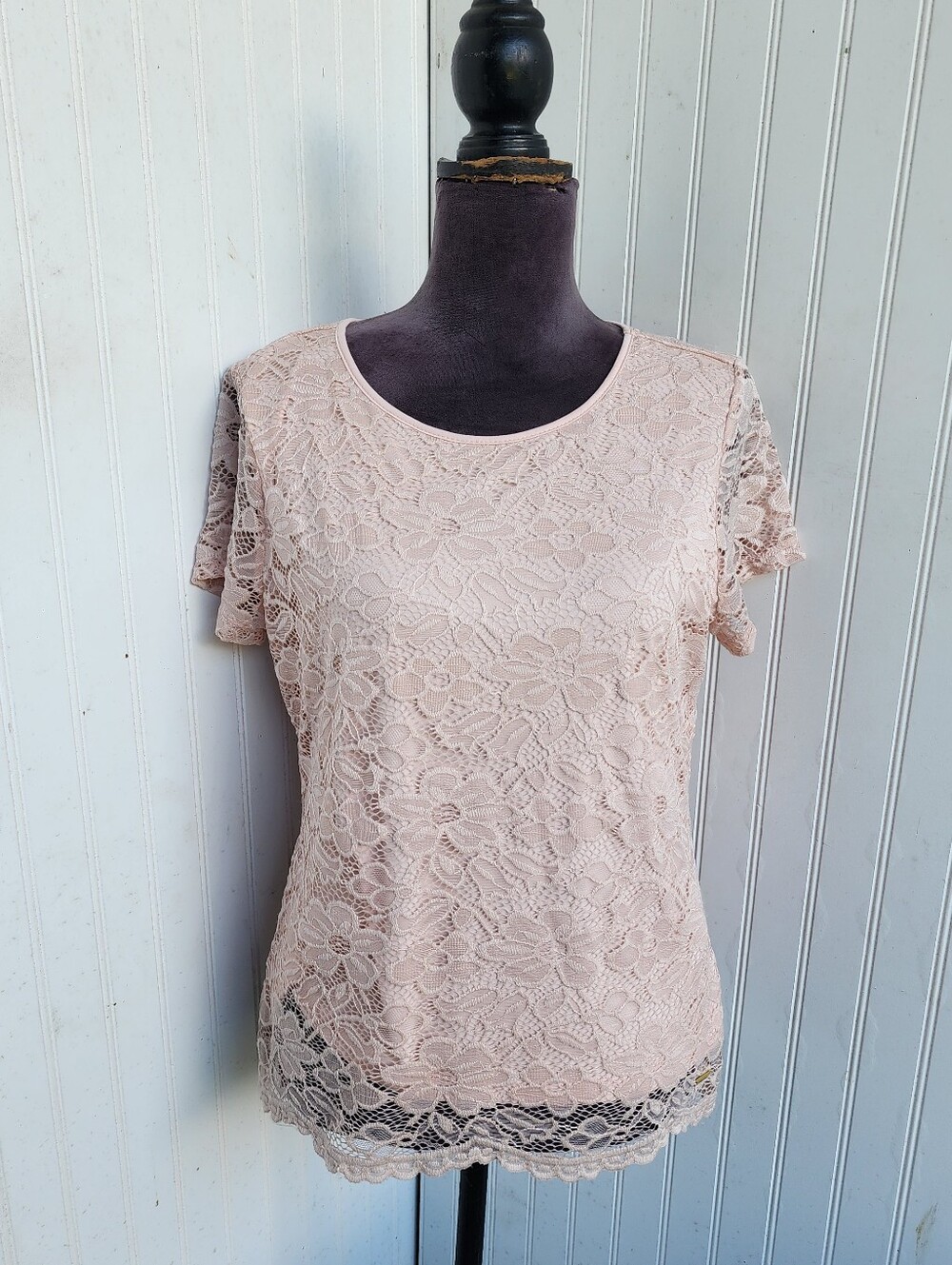 Calvin Klein Womens Pink Floral Lace Top Short Sleeve Blouse Romantic Feminine M